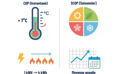 Illustration du rendement d'une pompe à chaleur : COP instantané avec thermomètre et 1 kWh pour 4 kWh de chaleur, et SCOP saisonnier avec les saisons et une moyenne annuelle.