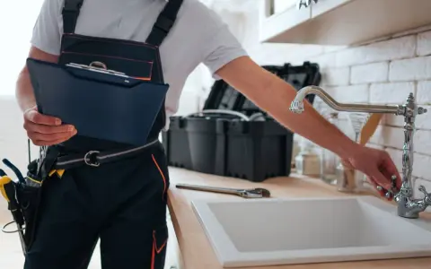 Instrukcja jak zmienić uszczelkę w kranie: hydraulik z narzędziami i teczką przy zlewie.