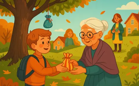 Un niño entrega una bolsa a una anciana, un ejemplo de cuentos sobre compartir. En el fondo, otras personas y casas.