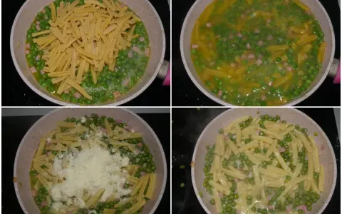 Preparazione di pasta e piselli in padella: la pasta viene aggiunta ai piselli e cubetti di prosciutto, poi cotta e infine condita con formaggio grattugiato.
