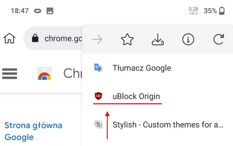 Rozszerzenia Chrome na telefonie: Tłumacz Google, uBlock Origin i Stylish.