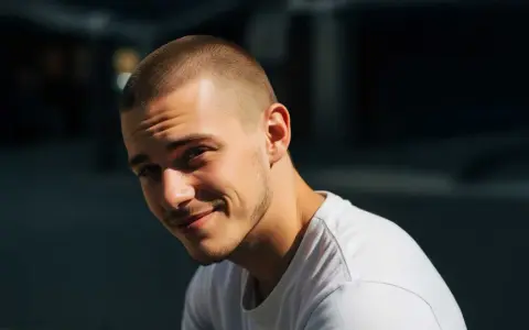 Joven sonriente con un corte afeitado impecable y barba cuidada, luciendo una camiseta blanca.