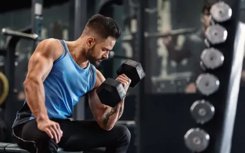 Ein Mann trainiert im Fitnessstudio mit Hanteln. Er fragt sich, wie oft ins Gym pro Woche er gehen sollte, um fit zu bleiben.
