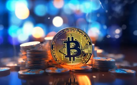 Złota moneta z symbolem Bitcoin na tle rozmytych świateł.
