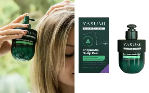 Kobieta aplikuje na skórę głowy peeling enzymatyczny Yasumi. To doskonały peeling do skóry głowy, który odżywia i oczyszcza.