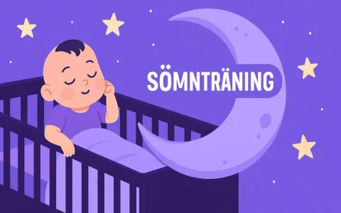 Söt sovrutin bebis i spjälsäng under en måne med texten "Sömnträning". Stjärnor lyser på natthimlen.