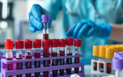 Laborant w niebieskich rękawiczkach przygotowuje próbki krwi do badań immunologicznych.