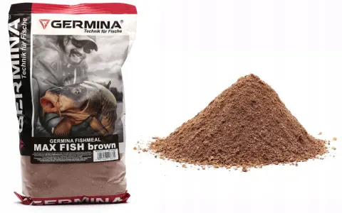 Zanęty Germina opinie: worek zanęty Max Fishmeal Brown i stożek brązowej zanęty na białym tle.