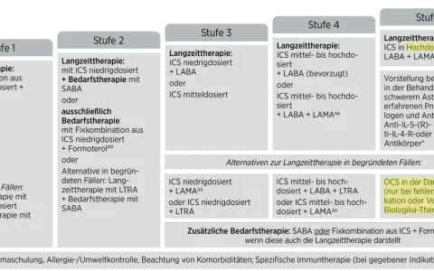 Leitlinie Asthma bronchiale: Stufenweise Therapie von Stufe 1 (Bedarfstherapie) bis Stufe 5 (schweres Asthma) mit Medikamenten wie ICS, LABA, LAMA.