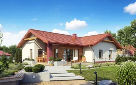 Nowoczesny projekt domu parterowego z czerwonym dachem, otoczony zielonym ogrodem i tarasem.