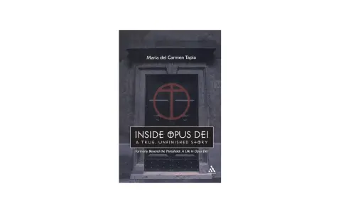 Book cover for "Inside Opus Dei" by María del Carmen Tapia, featuring a dark door with a red symbol and the title.