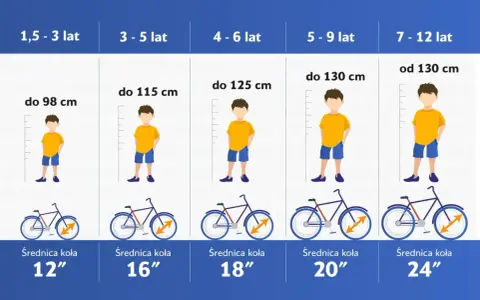 Tabela podpowiada, jak dobrać rower do wzrostu dziecka, od 1,5 do 12 lat, z podziałem na wiek i wzrost.