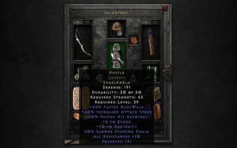 Diablo 2 słowa runiczne: pancerz Hustle 'Shaelkeld' z bonusami do szybkości, obrażeń, obrony i odporności.