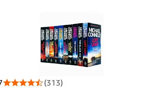 Una fila di libri di Michael Connelly, tra cui "The Black Echo", che presentano i romanzi di Harry Bosch in ordine cronologico.