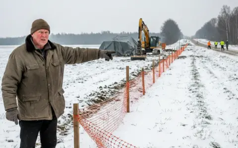 Mężczyzna wskazuje na plac budowy drogi. W tle koparka i pracownicy. Zima i specustawa drogowa utrudniają prace.