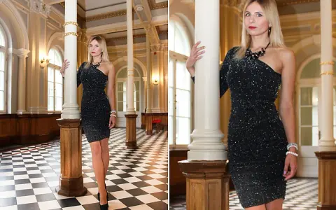Elegancka czarna sukienka z cekinami to idealna odpowiedź na pytanie, co ubrać na sylwestra. Błyszcząca kreacja w połączeniu z klasycznymi szpilkami.