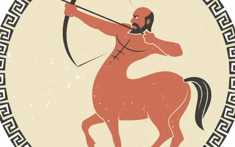 Centaur z łukiem, czy strzelec jest zazdrosny o cel? Stylizowana ilustracja w greckim stylu.