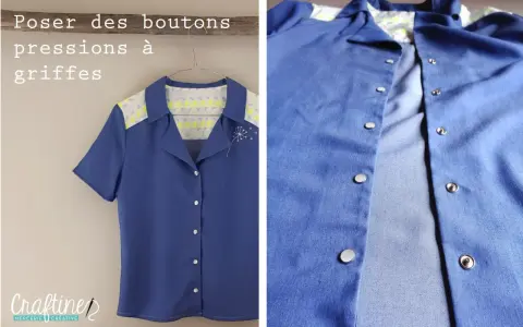 Comment poser un bouton pression avec un marteau sur cette chemise bleue. Détails des boutons et du tissu.
