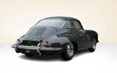Grauer Porsche 356 SC von hinten. Die Porsche 356 Preisentwicklung zeigt, dass dieser Klassiker ein begehrtes Sammlerstück ist.