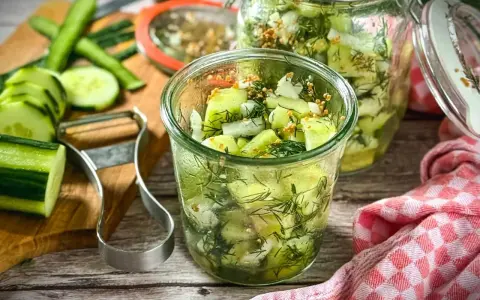Schnellgurken rezept ohne kochen: Frische Gurkenscheiben mit Dill und Senfkörnern in Gläsern, bereit zum Einlegen.