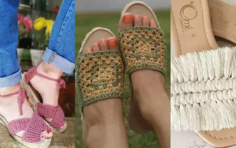 Tres pares de alpargatas de crochet para mujer: rosas con tiras, verdes y beige con diseño de granny square, y blancas con flecos.