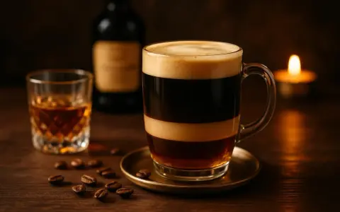 Un delicioso café con licor, con capas de crema y café oscuro, junto a un vaso de whisky y granos de café.