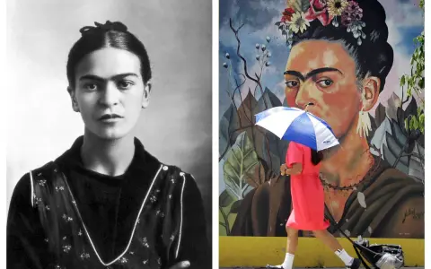 Frida Kahlo fakta: en ikonisk porträttbild och en färgstark muralmålning där en person med paraply passerar framför.