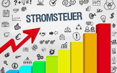 Balkendiagramm zeigt steigende Kosten für Stromsteuer. Roter Pfeil symbolisiert Aufwärtstrend, während Icons wie Euro und Dollar auf finanzielle Aspekte hinweisen.