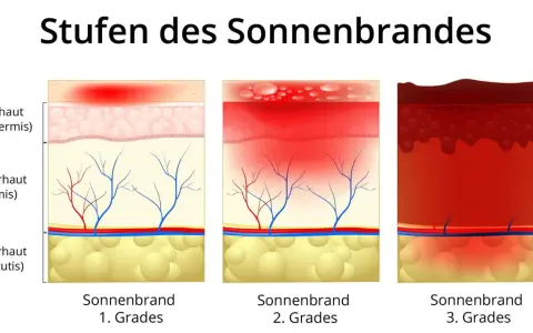 Illustrationen zeigen Hautschichten bei Sonnenbrand 1., 2. und 3. Grades. Der Sonnenbrand 2. Grades zeigt Blasenbildung in der Epidermis und Rötung der Dermis.