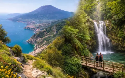 Sentiero fiorito con vista sul Vesuvio e cascata in Campania. Due escursionisti su un ponte ammirano la natura.