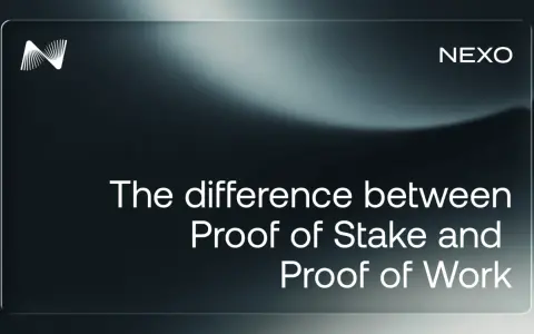 Nexo logo i tekst "The difference between Proof of Stake and Proof of Work".