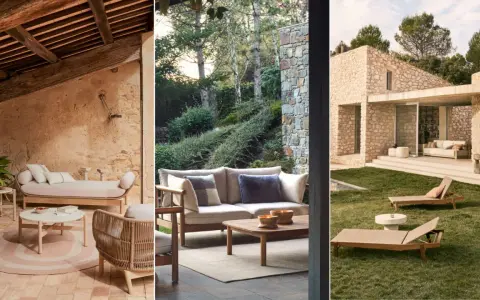 Porches rústicos con encanto: tres escenas de exteriores con mobiliario de madera y piedra, invitando al relax.