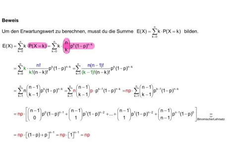 Beweis der Erwartungswert Formel: E(X) = np. Die Formel zeigt die schrittweise Berechnung des Erwartungswerts.