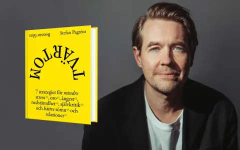 Stefan Pagréus bredvid boken "Tvärtom" som ger strategier för att måla snabbt och hantera stress.
