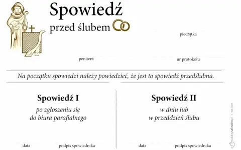 Dokument "Spowiedź przed ślubem" zawiera miejsce na dane penitenta, pieczątkę, numer protokołu oraz dwie sekcje na spowiedź I i II, wraz z datami i podpisami spowiednika.