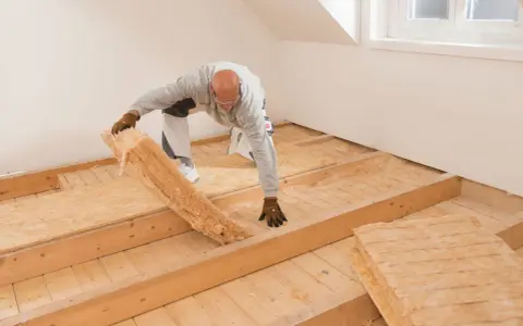 Mann verlegt Dämmmaterial auf Holzbalkendecke, vorbereitend für Estrich.