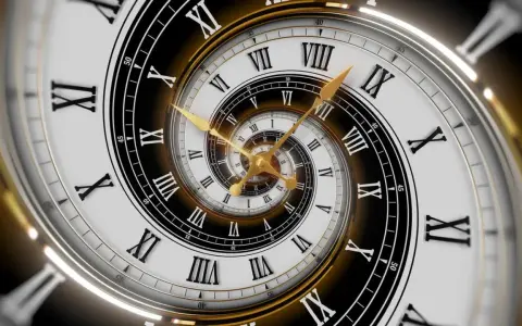 Złoty zegar z rzymskimi cyframi, tworzący spiralę nieskończoności. Symbolizuje 5 rok numerologiczny, czas zmian i rozwoju.