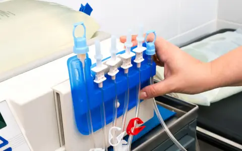 Ręka przygotowuje sprzęt do dializy w domu. Widać aparat, worek z płynem i system przewodów.