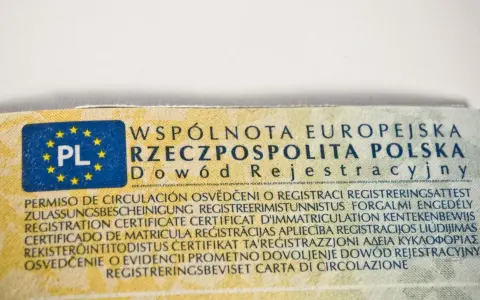 Fragment dowodu rejestracyjnego z napisem "Dowód Rejestracyjny" i symbolem PL. Numer VIN w dowodzie jest kluczowy.