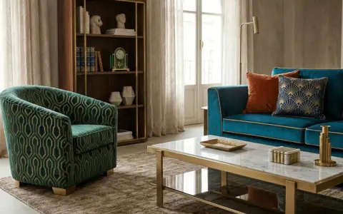 Poltrona verde con motivo geometrico dorato, che ricorda come si fa il velluto, accanto a un divano blu e un tavolino di marmo.