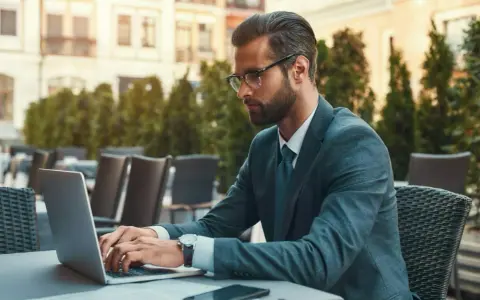 Mężczyzna w garniturze pracuje na laptopie w kawiarni. Jego kod zawodu to prawdopodobnie coś związanego z biznesem.