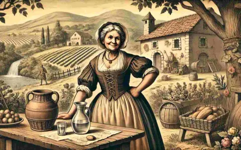 Una donna anziana, che ricorda Perpetua dei Promessi Sposi, sorride in un paesaggio rurale con vigneti e una cascata.