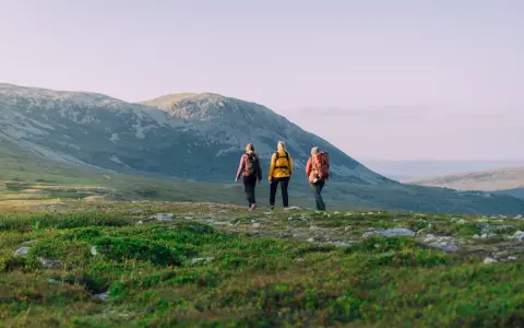 Tre vänner på vandring i Idre njuter av den vidsträckta fjällnaturen i solnedgången.