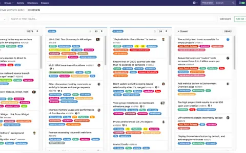 GitLab Issue Boards zeigen den Workflow von Projekten, was GitLab ist. Hier sind Aufgaben in Spalten wie "Backlog", "In dev", "In review" und "Closed".