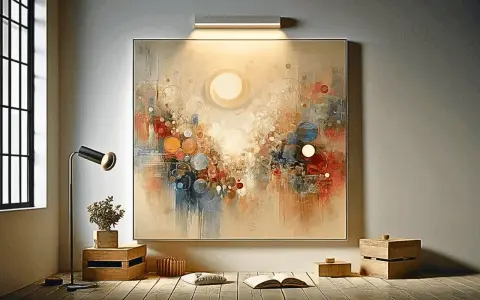 Un vibrante cuadro mural abstracto con círculos y pinceladas en tonos cálidos y fríos, iluminado por un aplique de pared.
