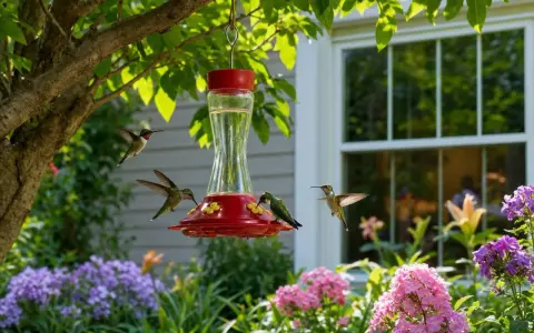 Quatre colibris s'approchent d'un abreuvoir rouge vif, entouré de fleurs colorées. Un colibri boit, un autre attend son tour, et deux autres volent autour.