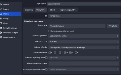 Ustawienia nagrywania wideo: ścieżka pliku, format .mkv, enkoder AOM AV1, dźwięk FFmpeg PCM, rozdzielczość 1920x1080, czyli **full HD jaka to rozdzielczość**.