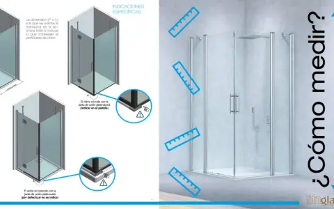 Diagramas de **baños con pared en la ducha** y cómo medir las mamparas.
