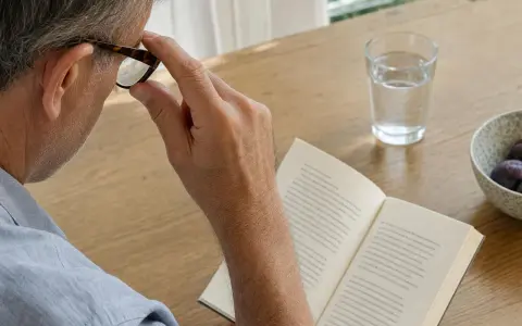 Un uomo con occhiali legge un libro, forse perché vede a righe. Sul tavolo, un bicchiere d'acqua e una ciotola di prugne.