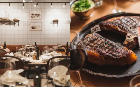 Vänster: elegant dukat bord med vita plattor på väggen. Höger: saftig biff med grillränder, redo att avnjutas på AG Jureskog.